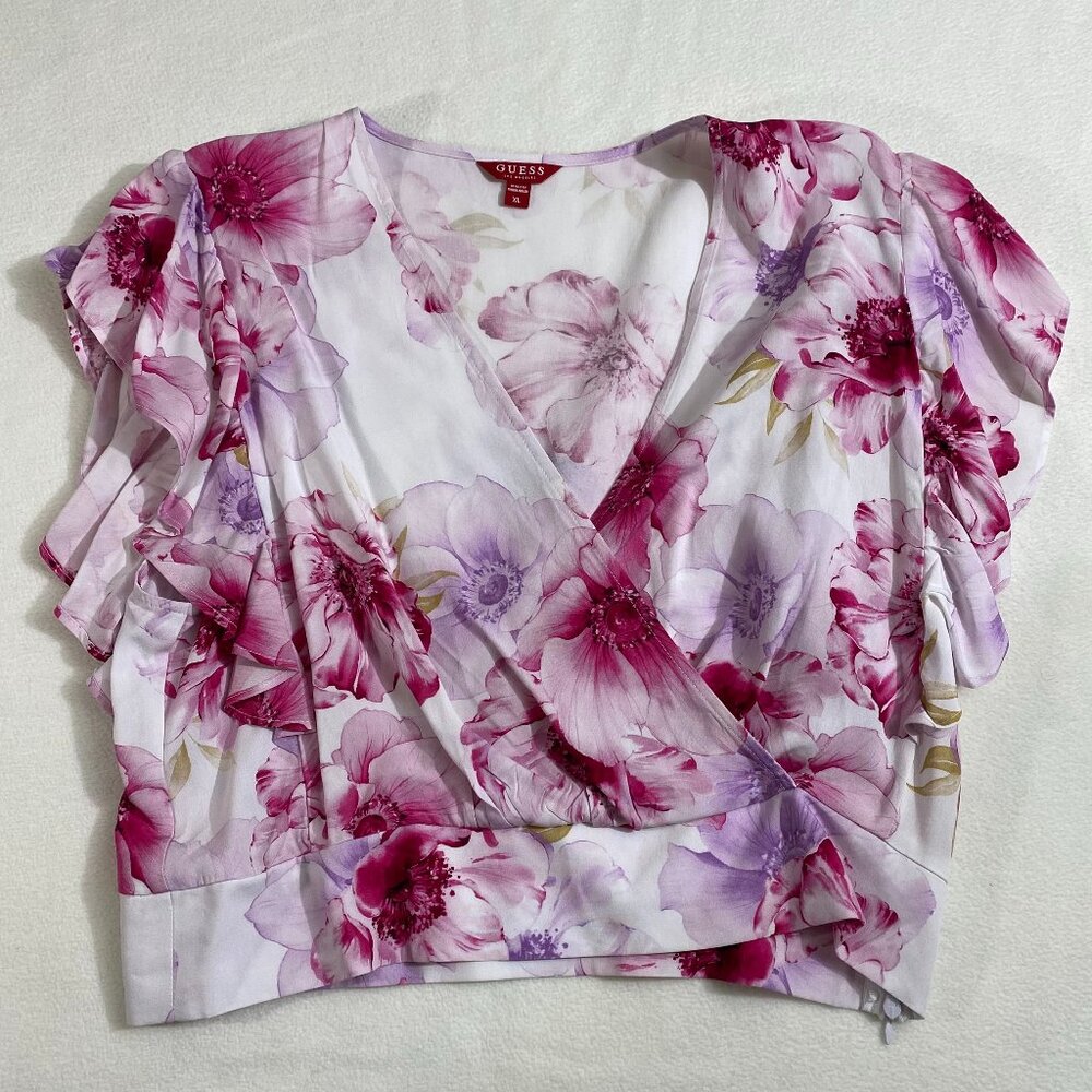 Guess Top Womens XL Pink floral pattern lightweight blouse shirt